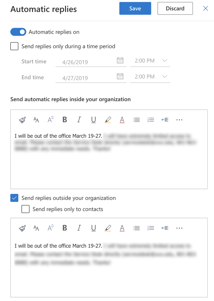 auto reply in outlook for leave message sample